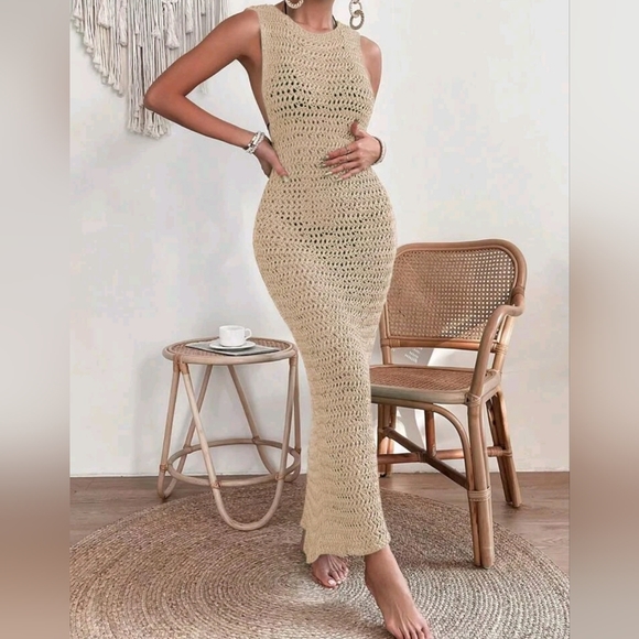 NEW Chic Crochet Knit Bodycon Maxi Swim Cover Up Dress Khaki Tan Beige
